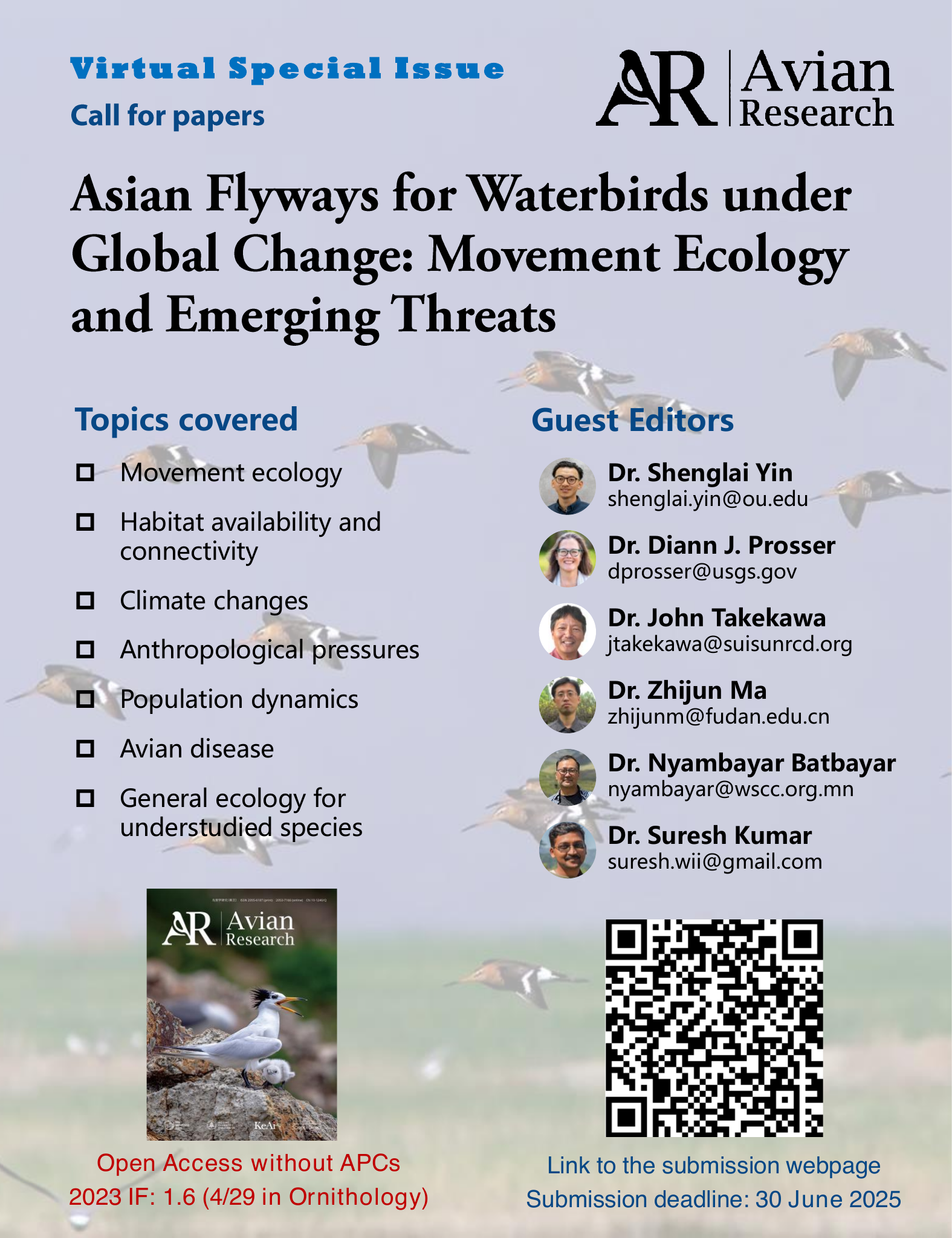 Original Avian Research virtual special issue flyer showing its topic list, guest editors, and submission deadline