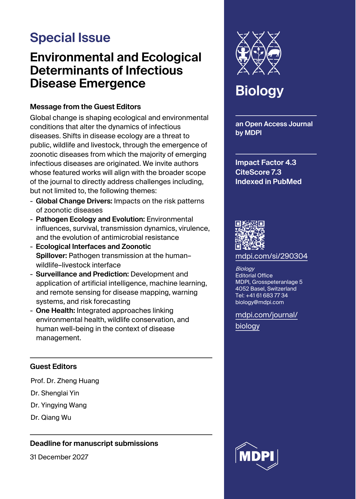 First page of the Biology special issue flyer listing the call topics, guest editors, and December 31, 2027 submission deadline